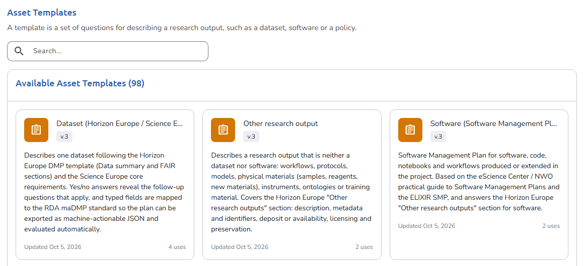 Asset Templates library page with a search box and template cards
