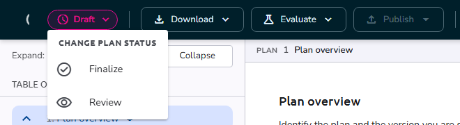 The Change plan status menu open under the Draft status pill in the plan editor toolbar, offering Finalize and Review
