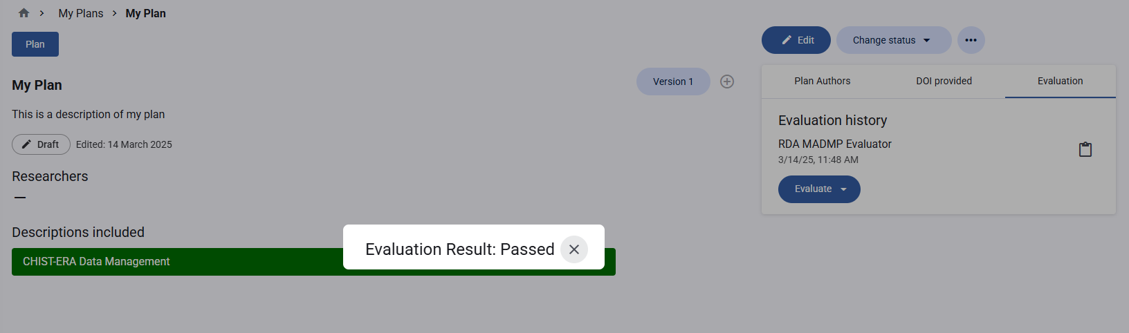 Evaluator RDA maDMP result