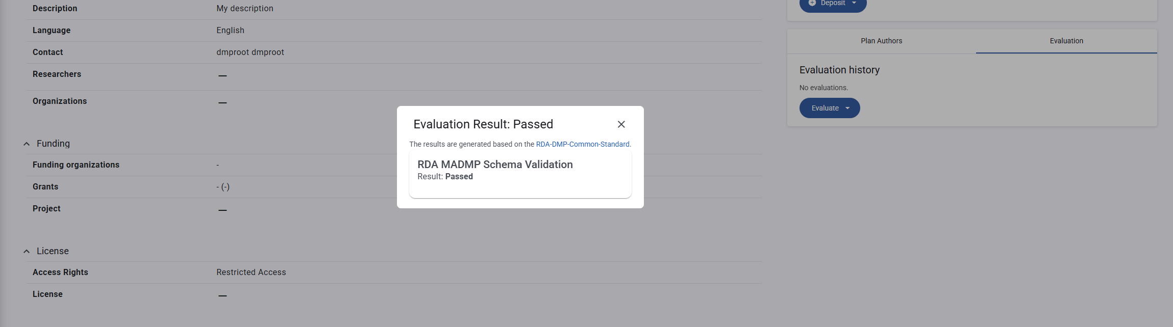 Evaluator RDA maDMP result