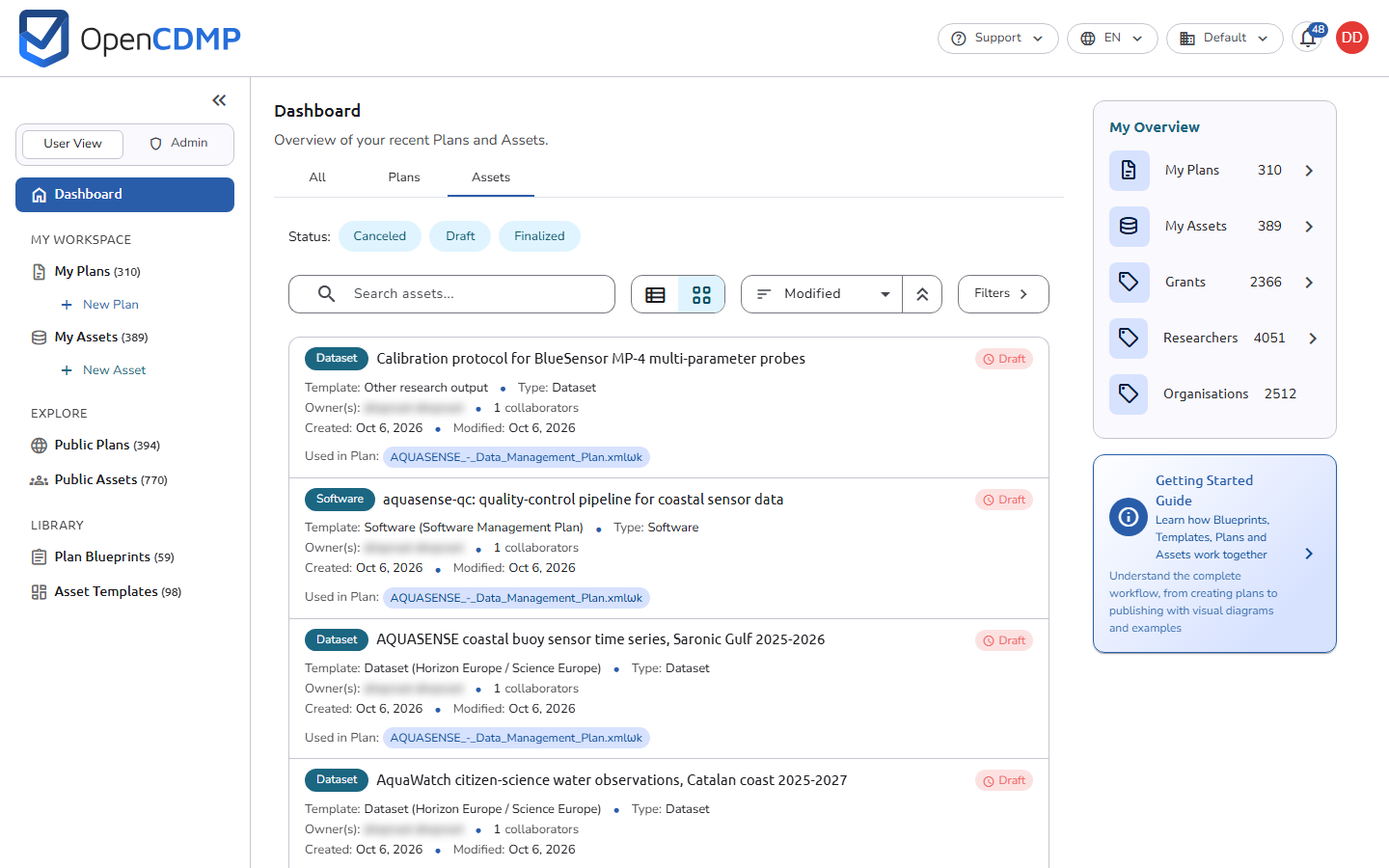 Dashboard with the Assets tab selected, the status chips, and the My Overview card