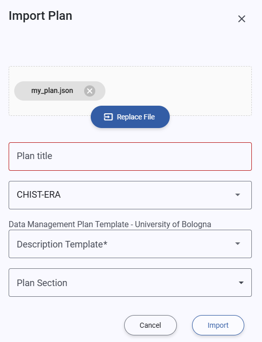 Import json plan popup dialog