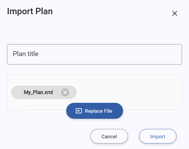 Import xml plan popup dialog