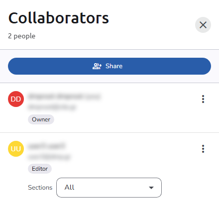 The Collaborators panel, with the Share button above the list of collaborators, their role badges, and the Sections selector of an Editor