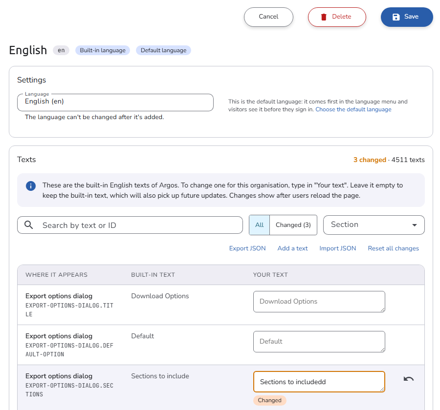 The text editor of the English language: the Texts section with a count of changed texts, the search, Show, and Section controls, and a table of texts with the built-in text and Your text side by side