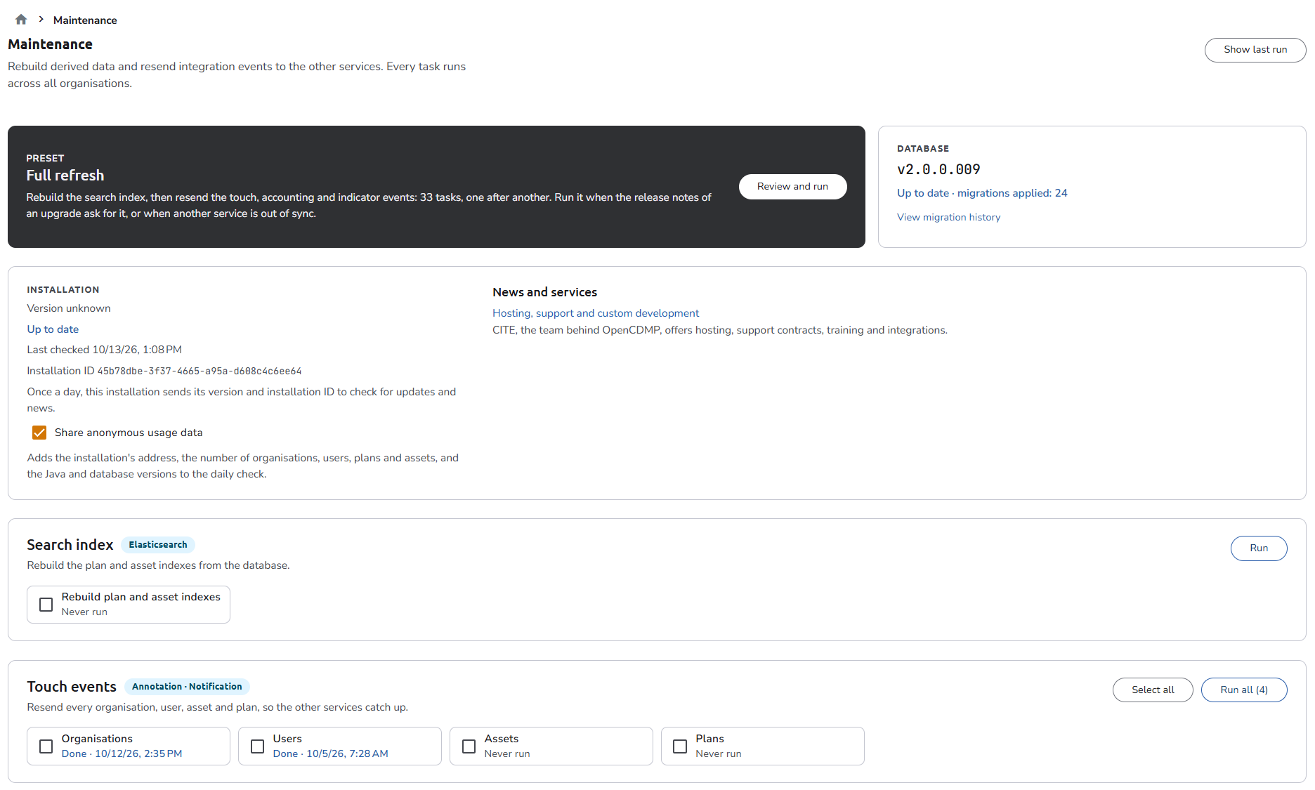 The top of the Maintenance page: the Full refresh preset, the Database card with the schema version and migration state, and the Search index and Touch events task groups