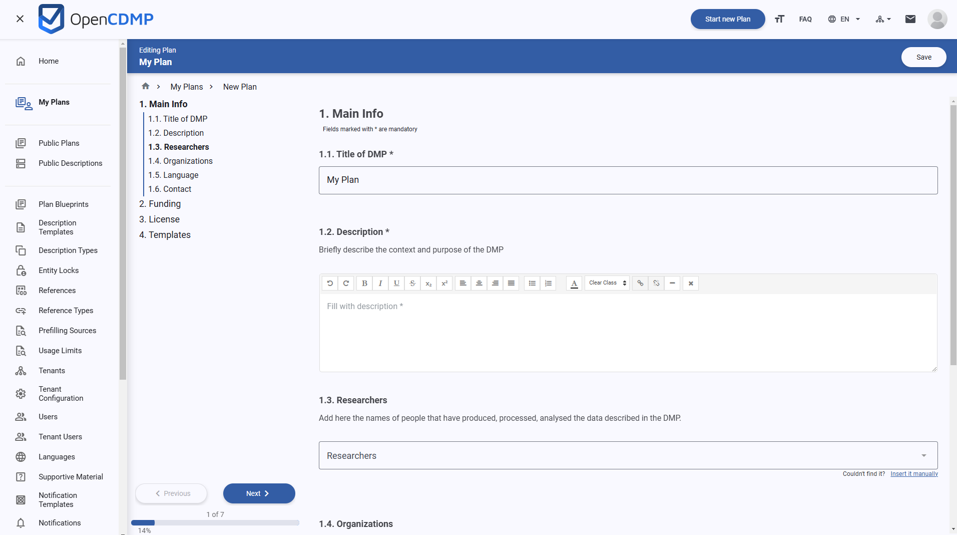 Plan editor sidebar