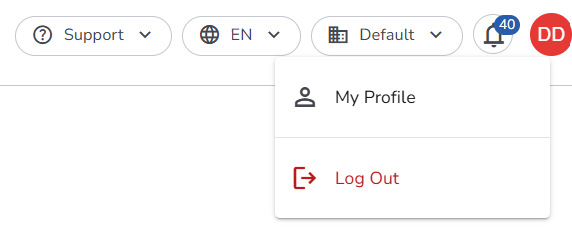 User menu open under the avatar, with My Profile and Log Out