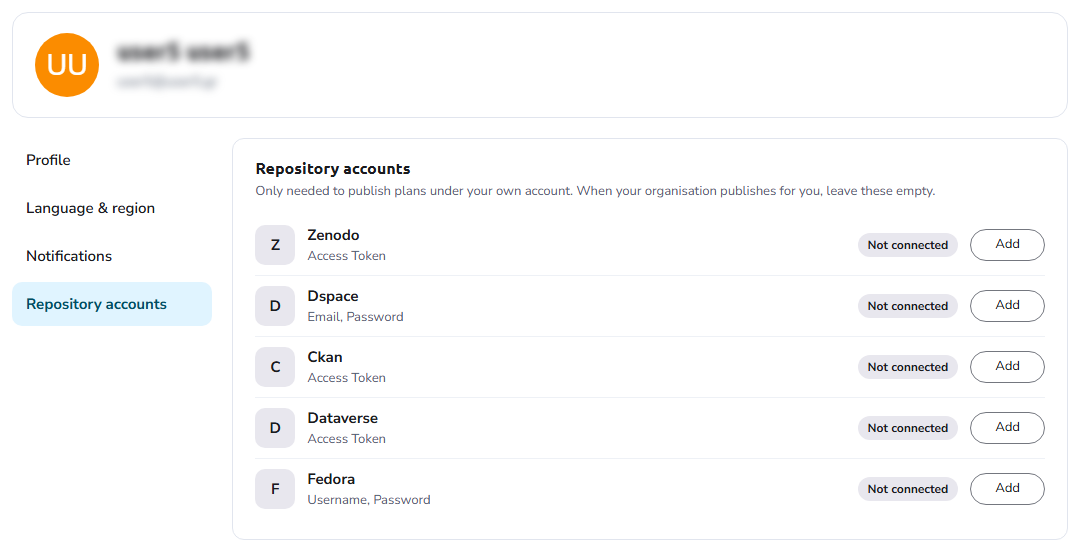 Repository accounts tab listing the repositories, the fields each asks for, and their status